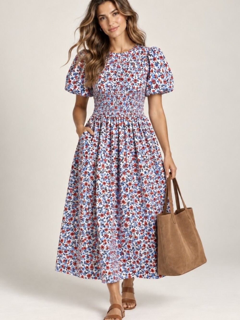 J. Crew Meadow Midi Dress Cotton Poplin Floral Smocked Puff Sleeves Size XL